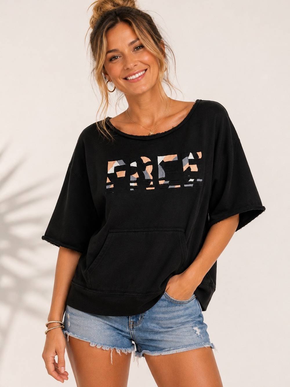 Free People Black Short Sleeve Pullover Sweatshirt with Graphic XS - Picture 1 of 4